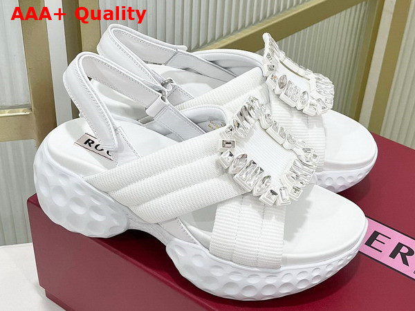 Roger Vivier Viv Run Light Strass Buckle Sandals in White Fabric Replica