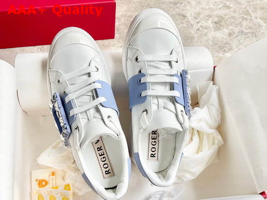 Roger Vivier Viv Skate Strass Buckle Sneakers in Soft Leather White and Light Blue Replica