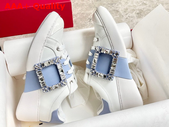 Roger Vivier Viv Skate Strass Buckle Sneakers in Soft Leather White and Light Blue Replica