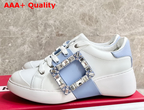Roger Vivier Viv Skate Strass Buckle Sneakers in Soft Leather White and Light Blue Replica