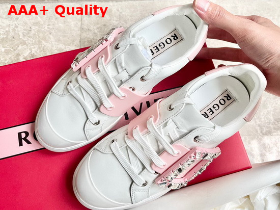 Roger Vivier Viv Skate Strass Buckle Sneakers in Soft Leather White and Pink Replica