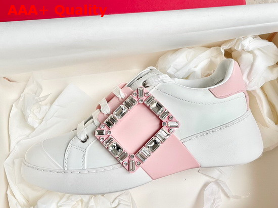 Roger Vivier Viv Skate Strass Buckle Sneakers in Soft Leather White and Pink Replica