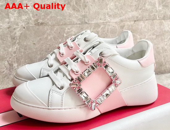Roger Vivier Viv Skate Strass Buckle Sneakers in Soft Leather White and Pink Replica