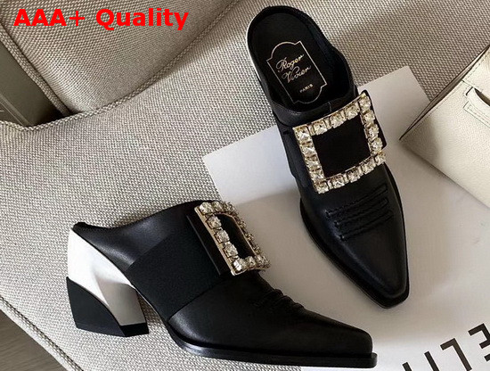 Roger Vivier Viv Tex Strass Mules in Black Calf Leather Replica