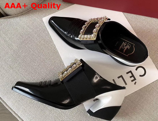 Roger Vivier Viv Tex Strass Mules in Black Patent Leather Replica