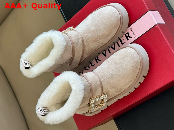 Roger Vivier Viv Winter Fur Strass Buckle Ankle Boots in Beige Suede Replica