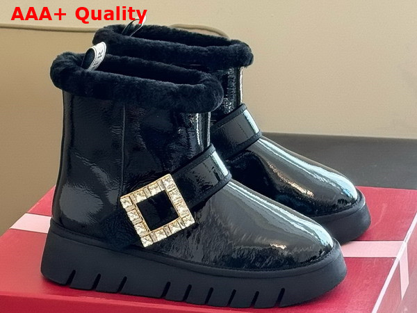 Roger Vivier Viv Winter Fur Strass Buckle Ankle Boots in Black Patent Leather Replica