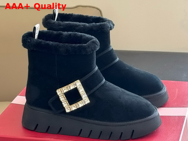 Roger Vivier Viv Winter Fur Strass Buckle Ankle Boots in Black Suede Replica