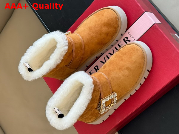 Roger Vivier Viv Winter Fur Strass Buckle Ankle Boots in Brown Suede Replica