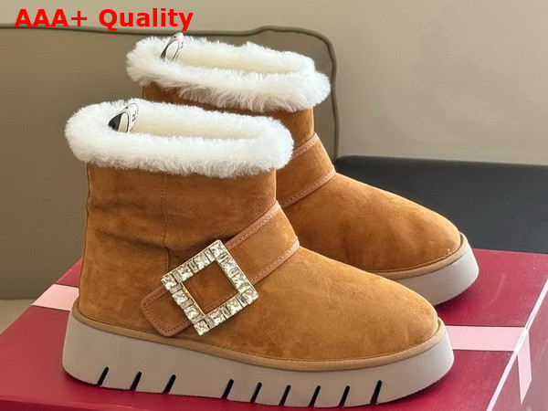 Roger Vivier Viv Winter Fur Strass Buckle Ankle Boots in Brown Suede Replica
