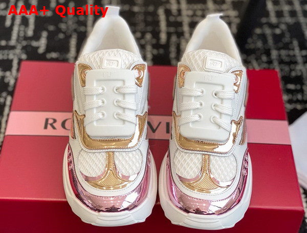 Roger Vivier Viv on the Run Sneakers in Leather and Fabric White Pink and Gold Replica