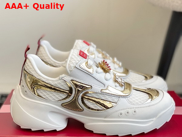 Roger Vivier Viv on the Run Sneakers in Leather and Fabric White and Gold Replica