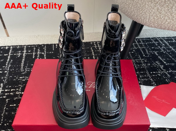 Roger Vivier Wallaviv Booties in Black Patent Leather with Crystal Buckle Replica