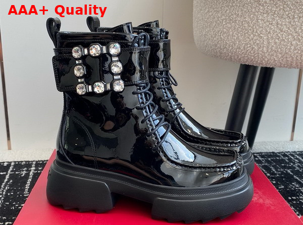 Roger Vivier Wallaviv Booties in Black Patent Leather with Crystal Buckle Replica