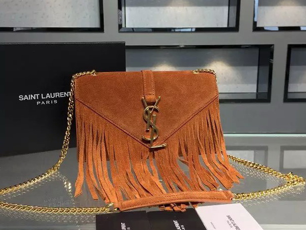 Monogram Saint Laurent Fringed Satchel In Brown Suede for Sale