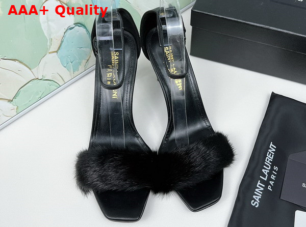 Saint Laurent Amber Sandals in Black Leather and Mink Fur Replica