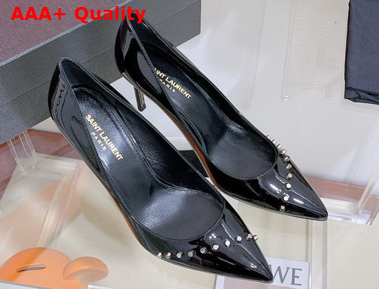 Saint Laurent Anja Pumps in Black Patent Leather Decorated with Metal Studs Replica