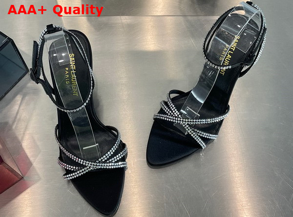 Saint Laurent Ava Sandals in Crepe Satin with Rhinestones Black and Crystal Replica