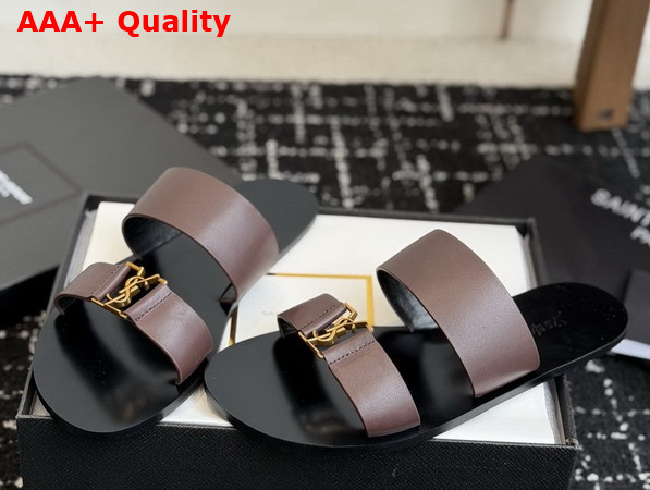 Saint Laurent Babylone Slides in Smooth Leather Dark Brown Replica