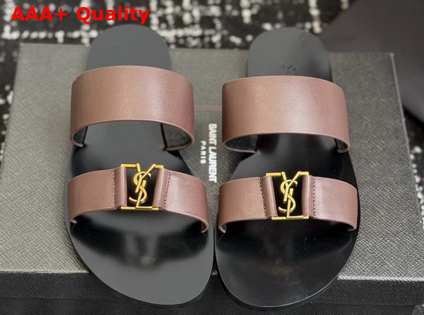 Saint Laurent Babylone Slides in Smooth Leather Dark Brown Replica