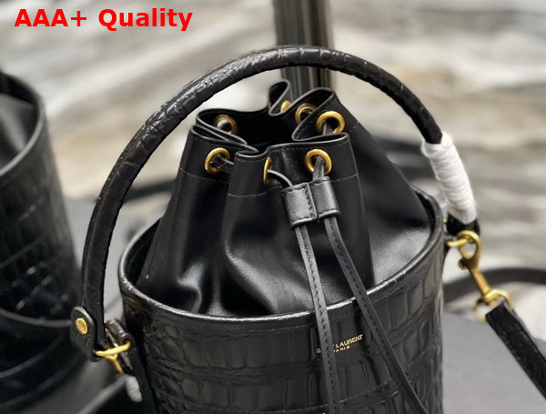 Saint Laurent Bahia Small Bucket Bag in Noir Crocodile Embossed Lacquered Leather Replica