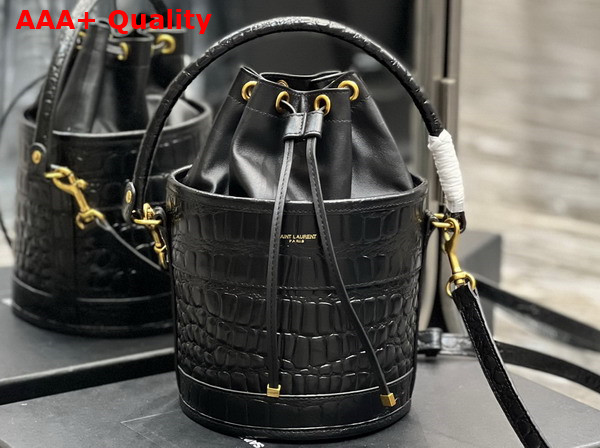 Saint Laurent Bahia Small Bucket Bag in Noir Crocodile Embossed Lacquered Leather Replica