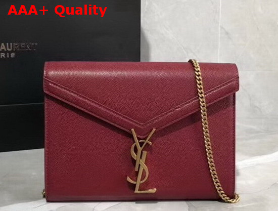 Saint Laurent Cassandra Chain Wallet in Dark Red Grain De Poudre Embossed Leather Replica
