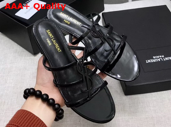 Saint Laurent Cassandra Flat Sandals in Patent Leather Black Replica