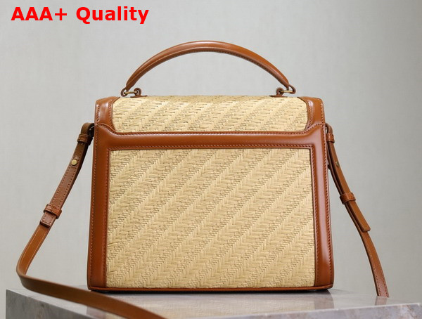 Saint Laurent Cassandra Medium Top Handle Bag in Raffia and Calfskin Naturel and Brick Replica