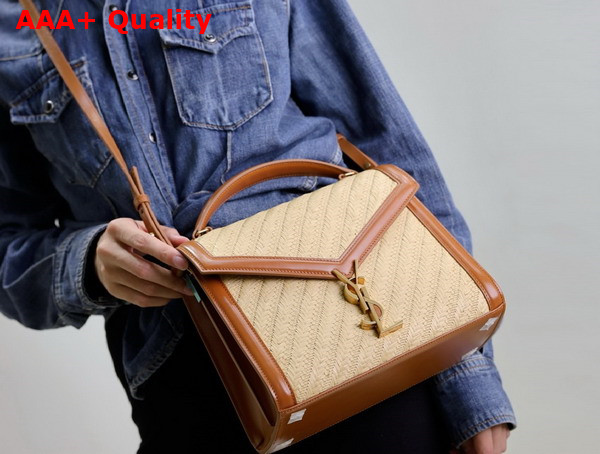Saint Laurent Cassandra Medium Top Handle Bag in Raffia and Calfskin Naturel and Brick Replica