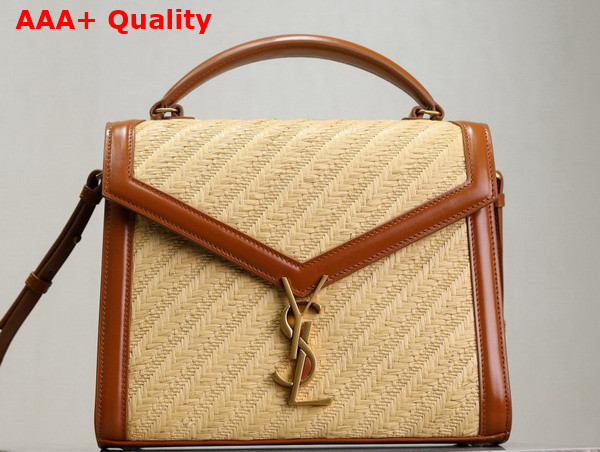 Saint Laurent Cassandra Medium Top Handle Bag in Raffia and Calfskin Naturel and Brick Replica