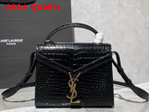 Saint Laurent Cassandra Mini Top Handle Bag in Black Crocodile Embossed Shiny Leather Replica