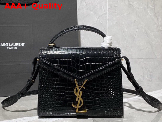 Saint Laurent Cassandra Mini Top Handle Bag in Black Crocodile Embossed Shiny Leather Replica