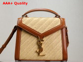 Saint Laurent Cassandra Mini Top Handle Bag in Raffia and Calfskin Naturel and Brick Replica