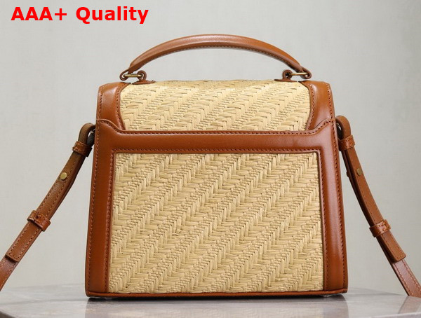 Saint Laurent Cassandra Mini Top Handle Bag in Raffia and Calfskin Naturel and Brick Replica