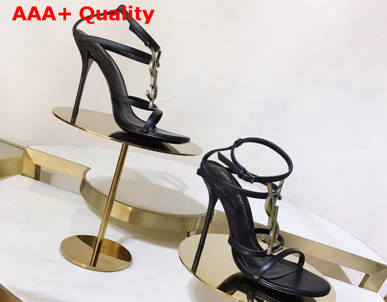 Saint Laurent Cassandra Sandals with Black Logo in Patent Leather Black Replica