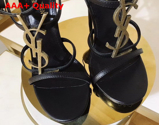 Saint Laurent Cassandra Sandals with Gold Logo in Smooth Leather Black Replica
