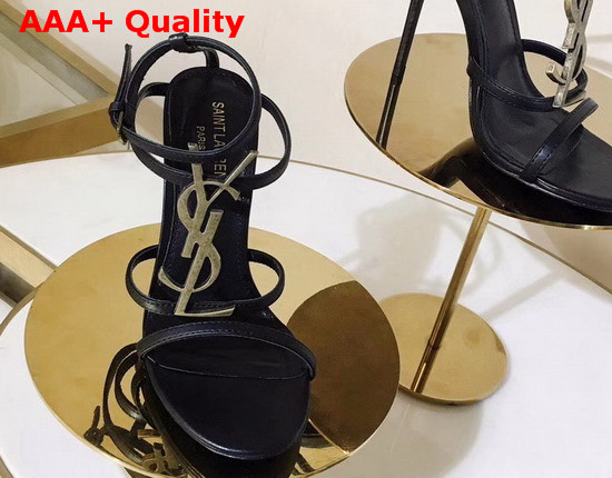 Saint Laurent Cassandra Sandals with Gold Logo in Smooth Leather Black Replica