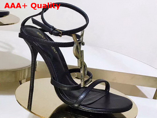 Saint Laurent Cassandra Sandals with Gold Logo in Smooth Leather Black Replica