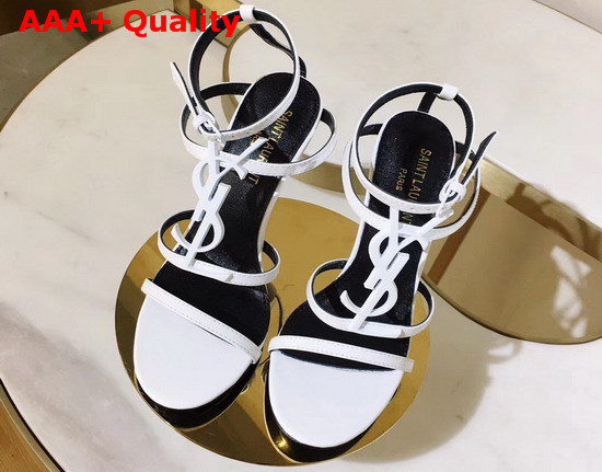 Saint Laurent Cassandra Sandals with White Logo in Smooth Leather White Replica