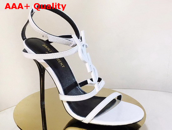 Saint Laurent Cassandra Sandals with White Logo in Smooth Leather White Replica