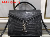 Saint Laurent Cassandra Top Handle Medium Bag in Shiny Crocodile Embossed Leather Black Replica
