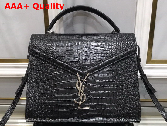 Saint Laurent Cassandra Top Handle Medium Bag in Shiny Crocodile Embossed Leather Black Replica