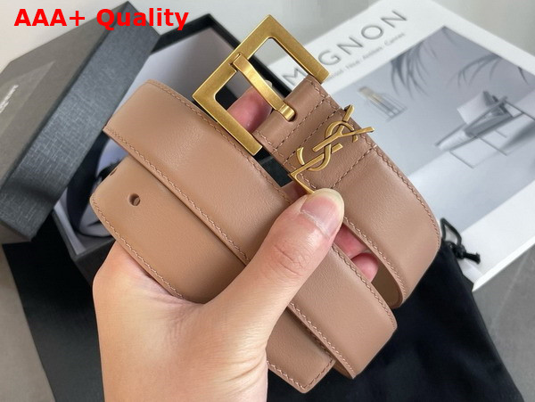 Saint Laurent Cassandre Belt with Square Buckle in Dark Beige Smooth Leather Replica