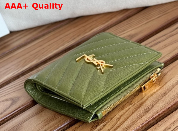 Saint Laurent Cassandre Matelasse Bi Fold Wallet in Olive Green Grain de Poudre Leather Replica