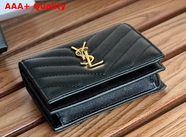 Saint Laurent Cassandre Matelasse Flap Card Case in Black Grain de Poudre Leather Replica