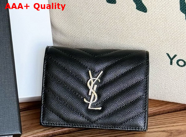 Saint Laurent Cassandre Matelasse Flap Card Case in Black Grain de Poudre Leather Replica
