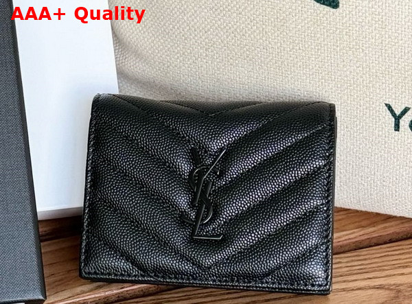 Saint Laurent Cassandre Matelasse Flap Card Case in Black Grain de Poudre Leather Replica