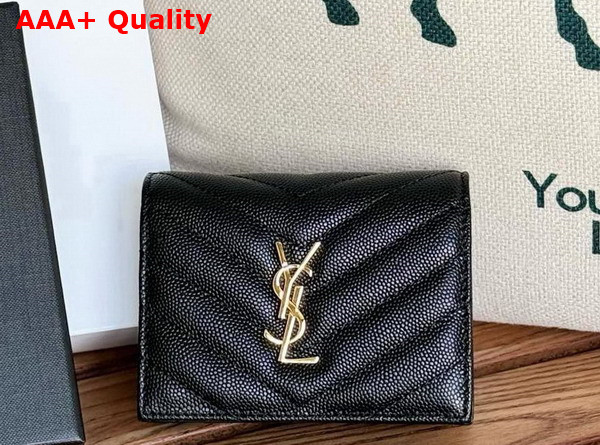 Saint Laurent Cassandre Matelasse Flap Card Case in Black Grain de Poudre Leather Replica