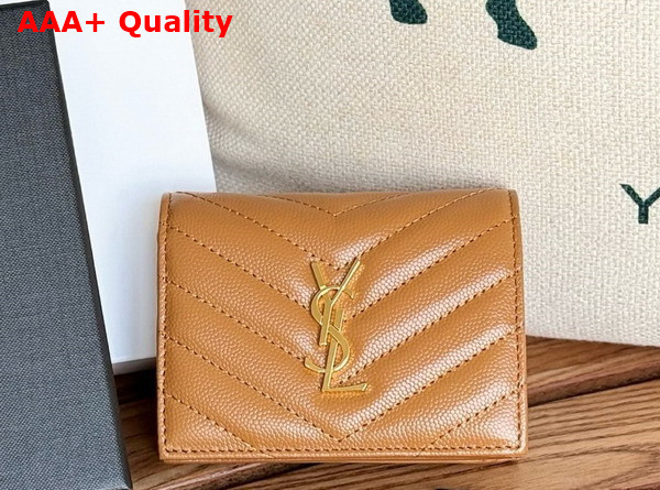 Saint Laurent Cassandre Matelasse Flap Card Case in Brown Grain de Poudre Leather Replica